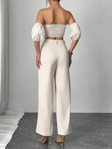 2 件套女士夏季休闲优雅服装套装：纯色抹胸和高腰阔腿长裤套装