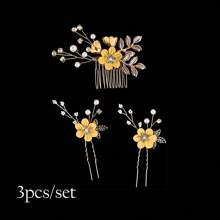 2/3/4 piezas Pasador de pelo con flores y perlas de imitación para mujer, y 1 peineta para bodas, fiestas, tocados estilo bohemio