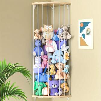 Estantería de almacenamiento de peluches con esquina de madera, estantería ajustable en longitud para suspender animales de peluche, para cuarto de juegos, dormitorio, montada en la pared para ahorrar espacio