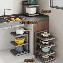 1 Giá để đồ bồn rửa bằng thép cacbon, Giá để nồi & chảo bằng kim loại, Kệ để đồ phòng tắm dưới tủ có thể điều chỉnh - màu đen - Xem 2