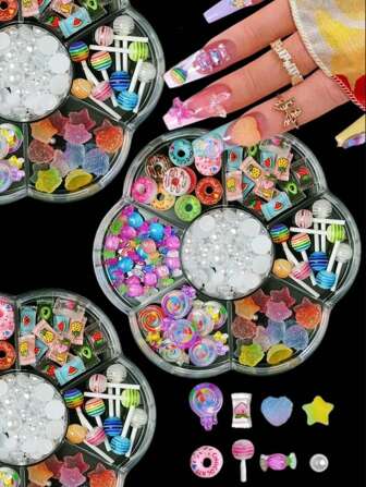 1Box Heart, Star, Candy Cute Nail Charms 3D Simulation Colored Lollipops, Doughnuts Nail Art Accessories Diy Nail Supplies Nails Nail Gems