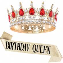 Kit de fiesta de cumpleaños con rhinestones, corona de oro tipo tiara, faja de "Reina de Cumpleaños" para mujeres, accesorios para el cabello de feliz cumpleaños, regalos para baile de promoción, decoraciones