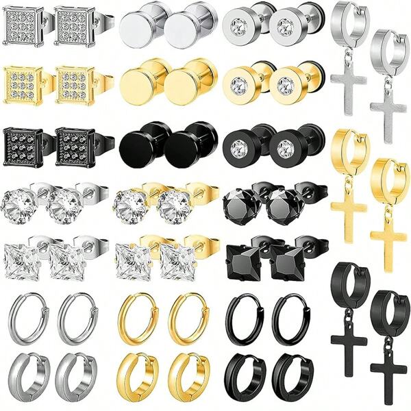 24 Pairs Of Stainless Steel Men's Earrings Hypoallergenic Inlay Square Zirconia Stud Earrings Hoop Earrings Cross Pendant Earrings Unisex Punk Stud Earrings