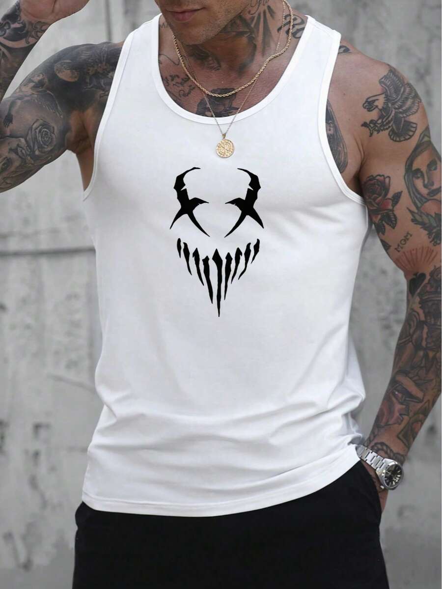 Men's Breathable Sleeveless Tank - Comfortable With Cool Monster Print,Men's Sleeveless Tank,Stylish For Workout & Casual Wear - White - View 1