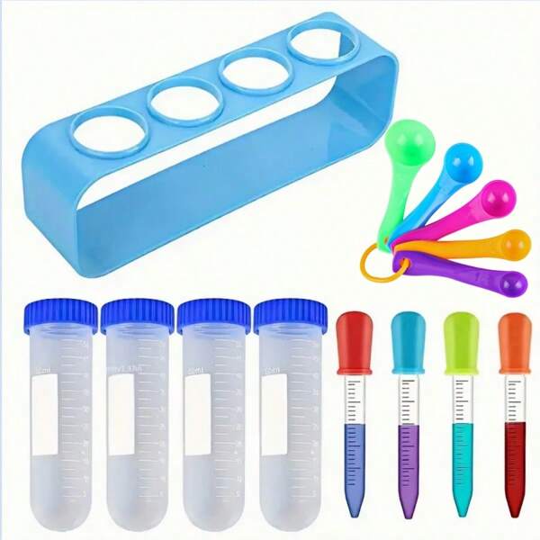 1 conjunto de suporte para tubos de ensaio de plástico, tubos, acessórios de química, materiais para atividades educacionais, adequado para alunos e professores, exercícios de raciocínio e coordenação olho-mão, tubos de ensaio coloridos + suporte para tubos de ensaio, conjunto de 6 tubos de ensaio coloridos, vaso de tubo de ensaio, recipiente para cultivo/propagação de plantas, instrumento com tema científico, volta às aulas