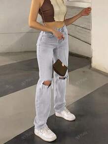 NVFelix Nuevos jeans rectos de pierna recta con bolsillo desgastado de moda - Ropa de vuelta al colegio para otoño