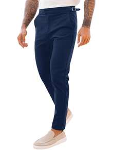 Runcati Pantalones chinos de algodón elástico de corte entallado para hombre, pantalones de vestir ajustados con parte delantera plana - Azul Marino - Ver 4