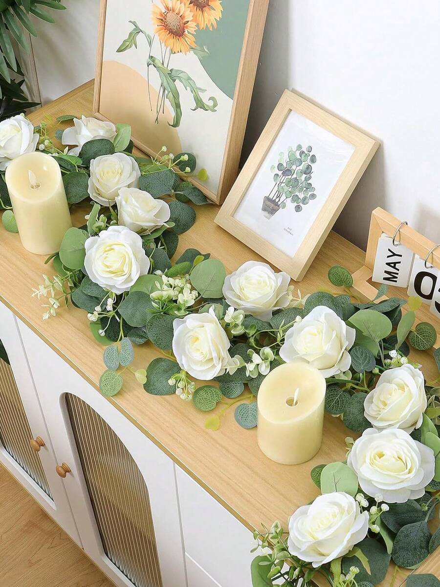 1 peça 6 pés guirlanda de eucalipto artificial com flores, 10 rosas brancas guirlanda Baby Breath guirlanda floral verde para festa de casamento peça central caminho de mesa pano de fundo decoração de parede. Para decoração de quarto, decoração de casa, decorações de aniversário, decoração de quarto, decoração de casa, decoração de casamento. - Branco - Ver 1