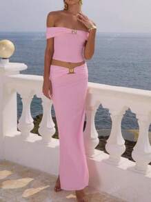 Women Summer Holiday One-Shoulder Top And Long Bodycon Skirt 2 Pieces Set