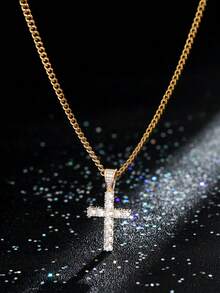 1pc Fully Rhinestoned Cross Necklace For Men, Hiphop Street Rapper Stainless Steel Cross Pendant Necklace - Yellow Gold - View 2