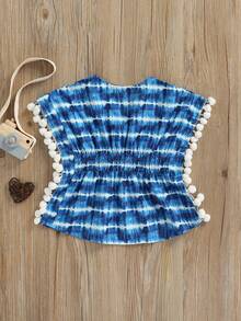 Girls Casual Loose Style Dress, Round Collar Short Batwing Sleeves One-Piece, White/ Pink - Blue - View 3