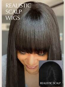 Peluca recta negra larga de 30 pulgadas con flequillo, densidad del 200%, sin encaje frontal, negro natural, totalmente hecha a máquina, para uso en disfraces, fiestas, diario y escuela para mujeres de moda