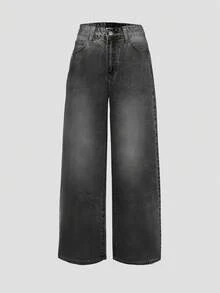 Calça jeans feminina estilo Y2K com lavagem vintage e perna larga, estilo casual de rua, outono - Cinza escuro - Ver 7