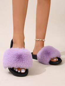 Women Fluffy Colorful Slippers, Solid Color Long Fur, Non-Slip Sole, Perfect For Summer Beach, Home, Casual Wear - Light Purple - View 4