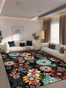 Intricate Mandala-Like And Floral Patterns Area Rug, Comfortable For Bedroom, Living Room, Study, Entryway, Room Decor As Floor Mat, Modern Polyester Non-Slip Absorbent Floor Mat, Washable & Non-Slip, Carpet For Living Room - Indoor All-Season Home Decor, Rugs For Bed Room, Living Room Large Rugs, Black, Mint Blue, Golden Yellow And Pink Tones, Living Room Dector | Bedroom Dector - Multicolor - View 1