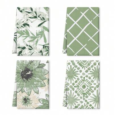 2/4pcs Green Floral Leaves Boho Style Kitchen Towel, 16x24 Inch, Seasonal Spring/Summer Decorative Hand Towel