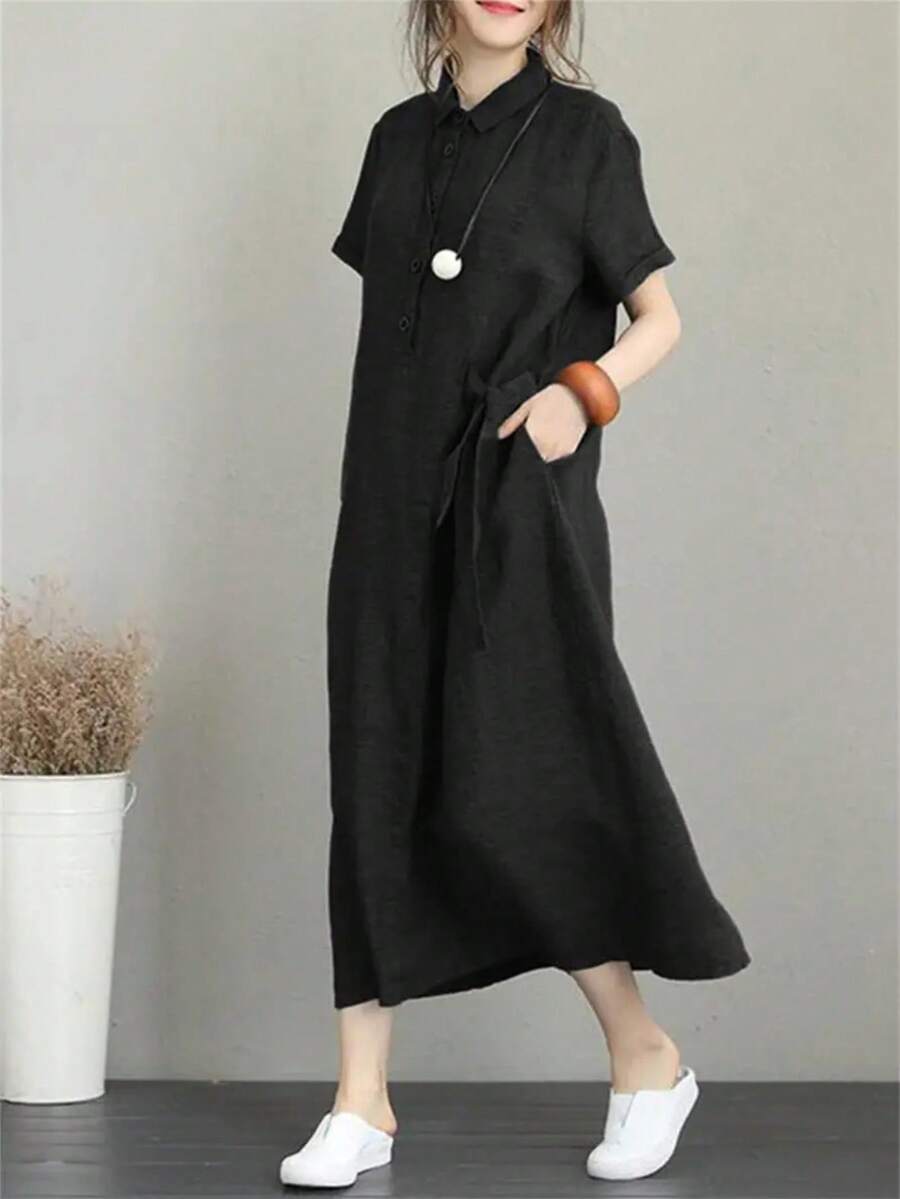 Polo Dress Short Sleeve Women's T-Shirt Dress Loose Midi Dresses Knee-Length Swing Summer Dress Casual Dress With Pockets