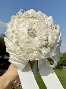 1PC Wedding Bouquet For Bride Romantic Wedding Rose Bride 's BouquetArtifical Rose Posy With Satin Jeweled Bouquet Bridesmaid Holding Flowers Wedding Bouquets