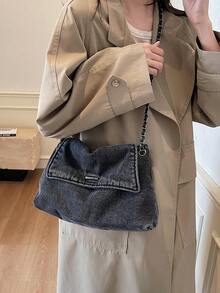 新款时尚休闲纯色牛仔布金属链条手柄翻盖女式单肩包，音乐节礼物 - 黑色 - 查看 7