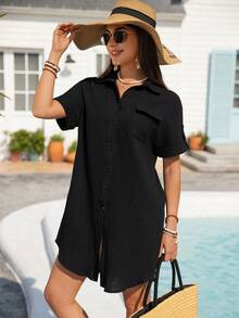 Women's Casual Black Collar Button Mini Shirt Dress