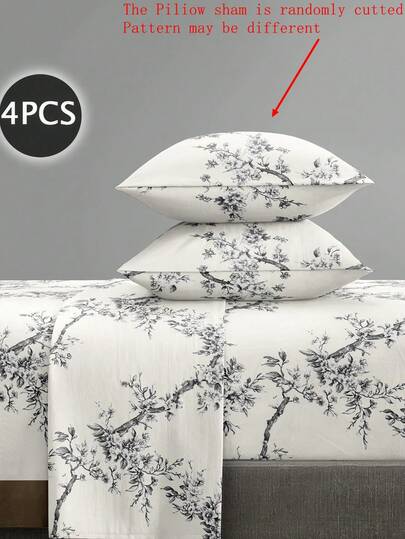 4 件套白色梅花叶花卉图案床单套件易护理超细纤维柔软床上用品套装花卉床笠套件（1 件床单+1 件床笠+2 件枕套）床笠套件特大号双人床全尺寸床单深口袋最大 11.8 英寸枕套，柔软透气防皱，更适合睡眠，奢华酒店风格，送给妈妈爸爸朋友的礼物