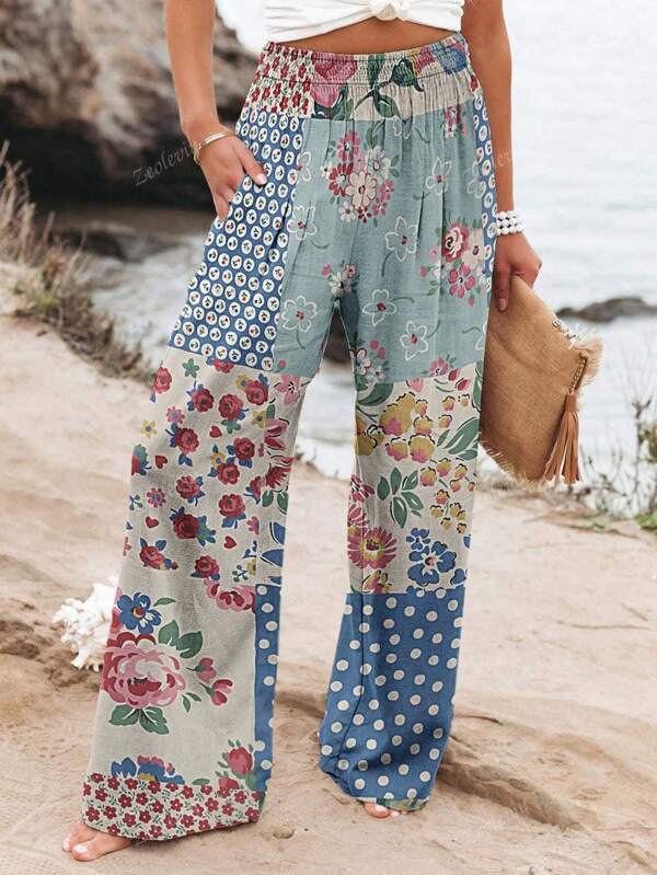 Women's Flowy Palazzo Pants Summer Collection - Fashion Print Boho Trousers With Elastic Waist & Drawstring, Tropical Jungle Print Wide Leg Beach Pants For Vacations, Lightweight Breathable Casual Outfits #BohoChic #ResortWear