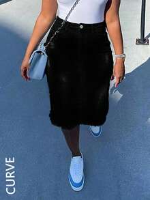 Plus Size Women Elastic Tight Sexy Denim Skirt - 黑色 - 查看 1