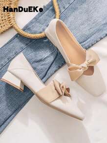 HanDuEke Women's Big Bow Square Toe Chunky Heel Slip-On Flats, Fashion Princess Style Comfortable Shoes, 2025 New Arrival