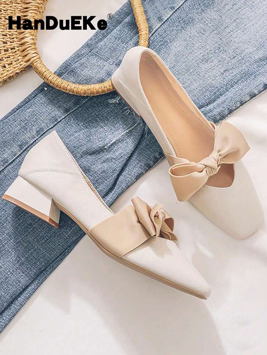 HanDuEke Women's Big Bow Square Toe Chunky Heel Slip-On Flats, Fashion Princess Style Comfortable Shoes, 2025 New Arrival