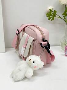 Two Tone Release Buckle Decor Square Bag With Bag Charm School Bag For Graduate, Teen Girls, Freshman, Sophomore, Junior & Senior In College, University & High School, Perfect For Outdoors ,Travel & Back To School