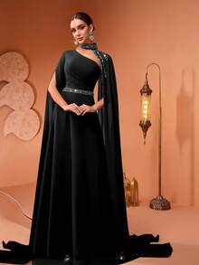 New Arrival Elegant Personalized Beaded Lace Sequin Applique Split Sleeve Women's Banquet Dress, Formal, Party Dress, Gown, For Evening, Wedding Guest - Black - View 3