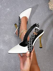 Women's High Heel Sandals, Pattern Patchwork White Sandals, Fashionable Elegant Metal Heel Party High Heels, Sexy Mule Pointed Toe High Heel Shoes, Casual Style - Multicolor - View 1