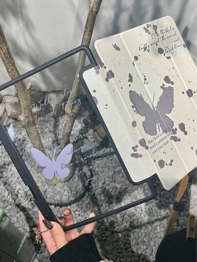 1 件精美灰色墨水蝴蝶和字母双面亚克力彩绘透明水晶保护手机壳，兼容 iPad 和，支持睡眠/唤醒功能