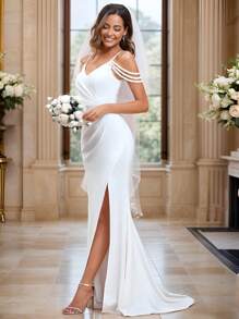 EVER-PRETTY Minimalistisches Perlendekor Fischschwanz-Hochschlitz Spaghettiträger weißes Hochzeitskleid Brautkleid für Sommerhochzeit