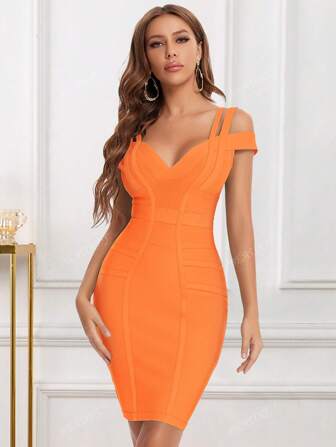 Robe de soirée moulante mi-longue avec double bretelle sexy pour femme, sans manches