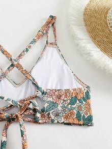 2 件套女士碎花夏季海滩度假性感细肩带分体泳衣套装，比基尼