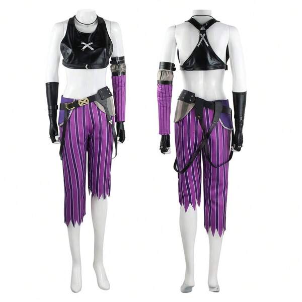 Neue Gamer Lila Cosplay Outfit auf Lager, 2-teiliges Set beinhaltet Top, Hose, Handschuhe und Accessoires, auffälliges Kontrastfarbdesign