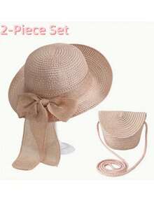 2 Pieces Set: Women's Bow Wide Brim Sun Hat And Cross-Body Bag, Summer Sun Protection Beach Hat With UV Protection - Multicolor - View 6