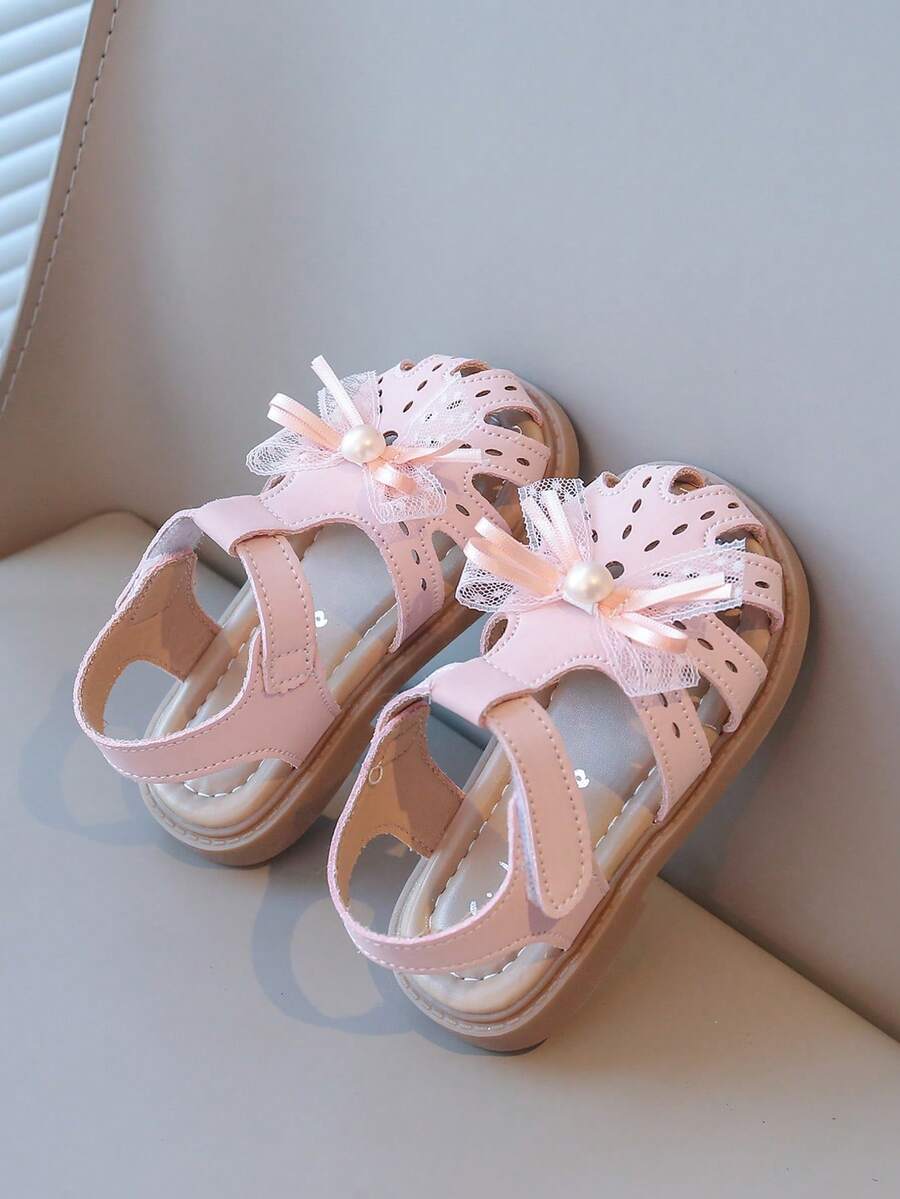 1 Pair Girls' Flat Sandals, Closed Toe, Versatile Minimalist Design With Hook And Loop Closure, Suitable For Outdoor Wear In Summer - Pink - View 1