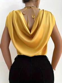 Women's Casual Sleeveless Solid Color Blouse For Summer - Gold - View 4