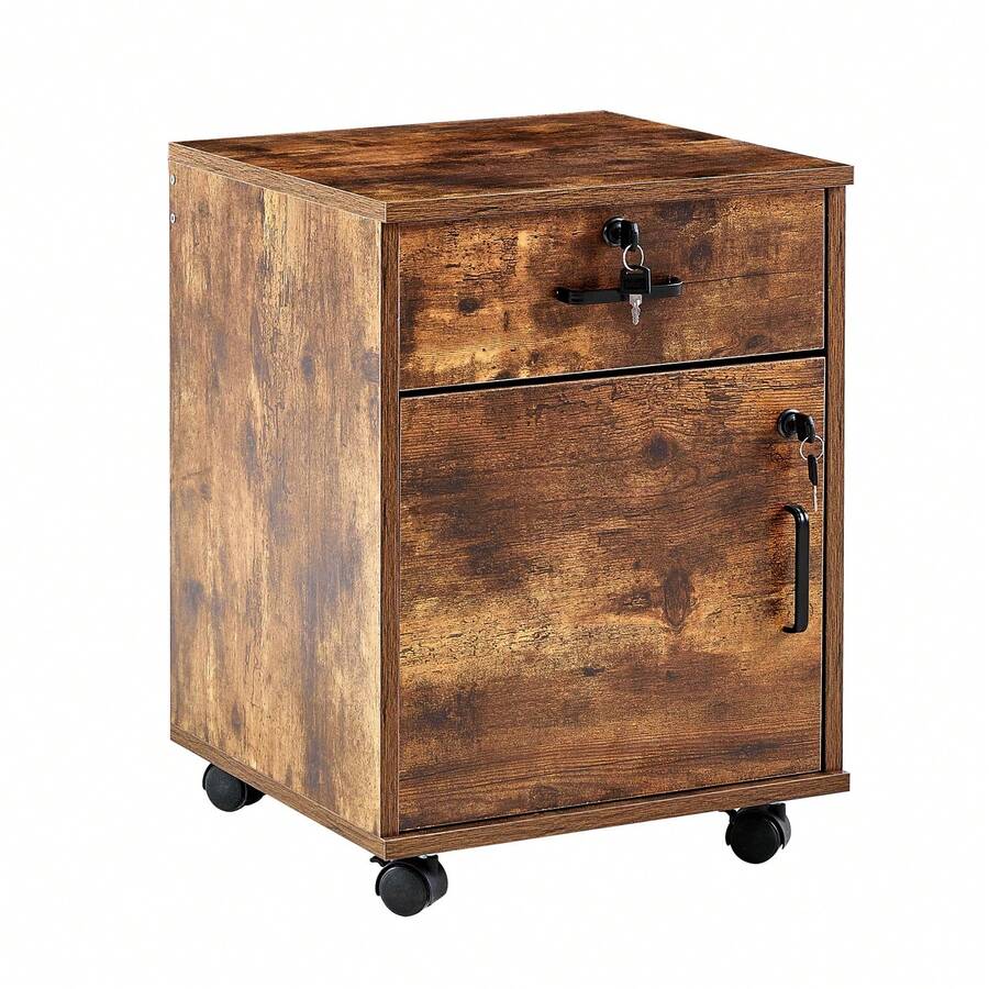 TUKAILAi Mobile File Cabinet With Lockable Drawer & Door, Under Desk Rolling Filing Cabinet With 4 Wheels, Wooden Stationery Storage Cabinet For Home Office - Brown - View 1