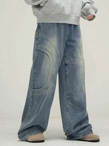 1pc Men's Casual Loose Fit Vintage Washed Patchwork Design Wide Leg Jeans Pants - Blue - View 3