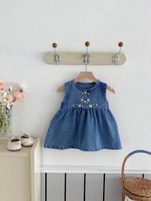 Miniweenns 1pc Baby Girl Outdoor Versatile Casual Embroidered Denim Sleeveless Simple Dress - Blue - View 4