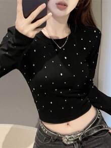Fashion Rhinestone Embellished Slim Fit Long Sleeve Cropped T-Shirt, Spring/Autumn - Black - View 8