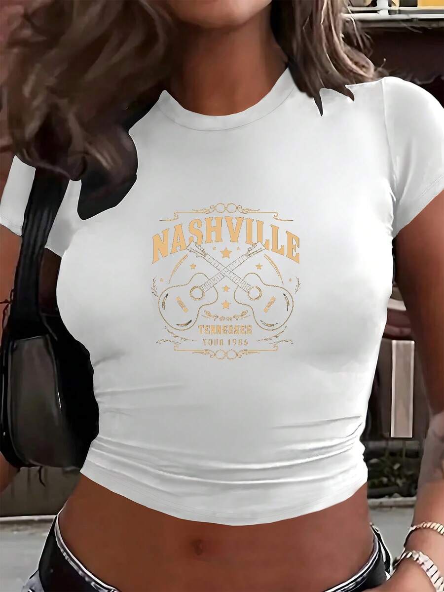 Guitars Nashville Tour 1986 Women's Fashion Short T-Shirt - trắng - Xem 1