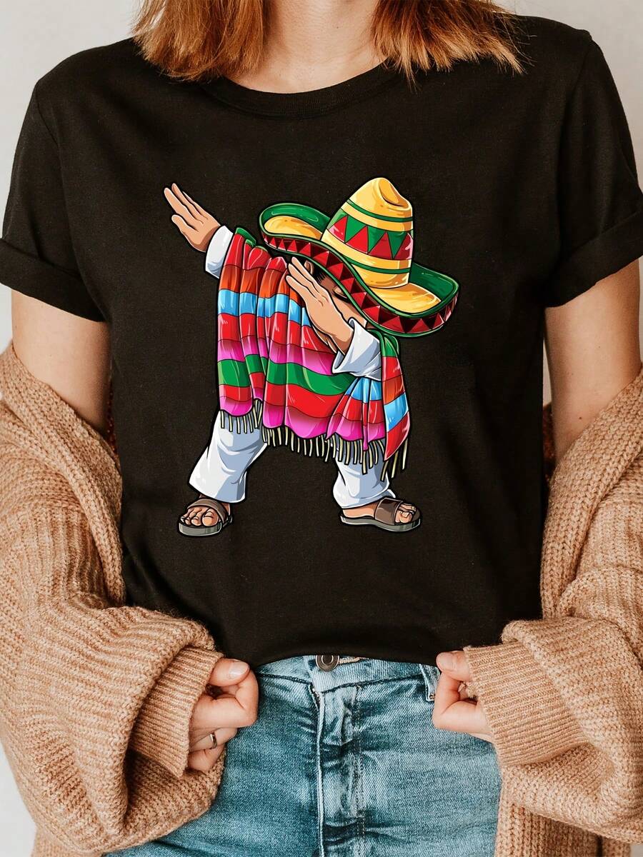 Sombrero mexicano divertido con estampado gráfico de manchas para mujer, playera informal de verano, cuello redondo, manga corta, 100 % algodón, 220 g de algodón grueso - Negro - Ver 1