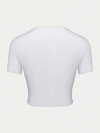 Women's Solid Color Round Neck Cropped Fitted Short Sleeve T-Shirt, Suitable For Spring, Autumn And Summer