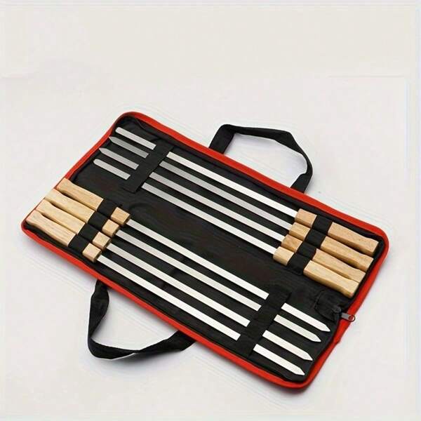 Set de 8 pinchos de acero inoxidable con mango de madera para barbacoa, pinchos planos, brochetas, pinchos de cordero, pinchos para parrilla de camping al aire libre