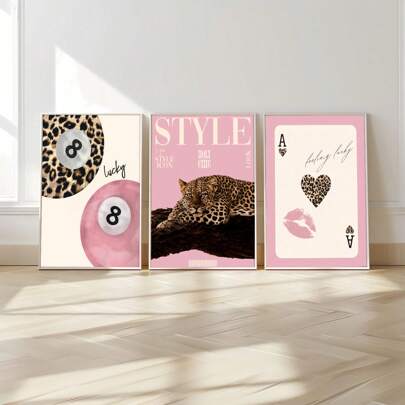 1/3pcs Leopard Cheetah Wall Art Picture 8 Ball Lucky Prints Canvas Paintings Pink Girly Posters Preppy Chic Luxury Decor For Bedroom, Living Room, Or Dorm Room Decor Gift For Her Unframed