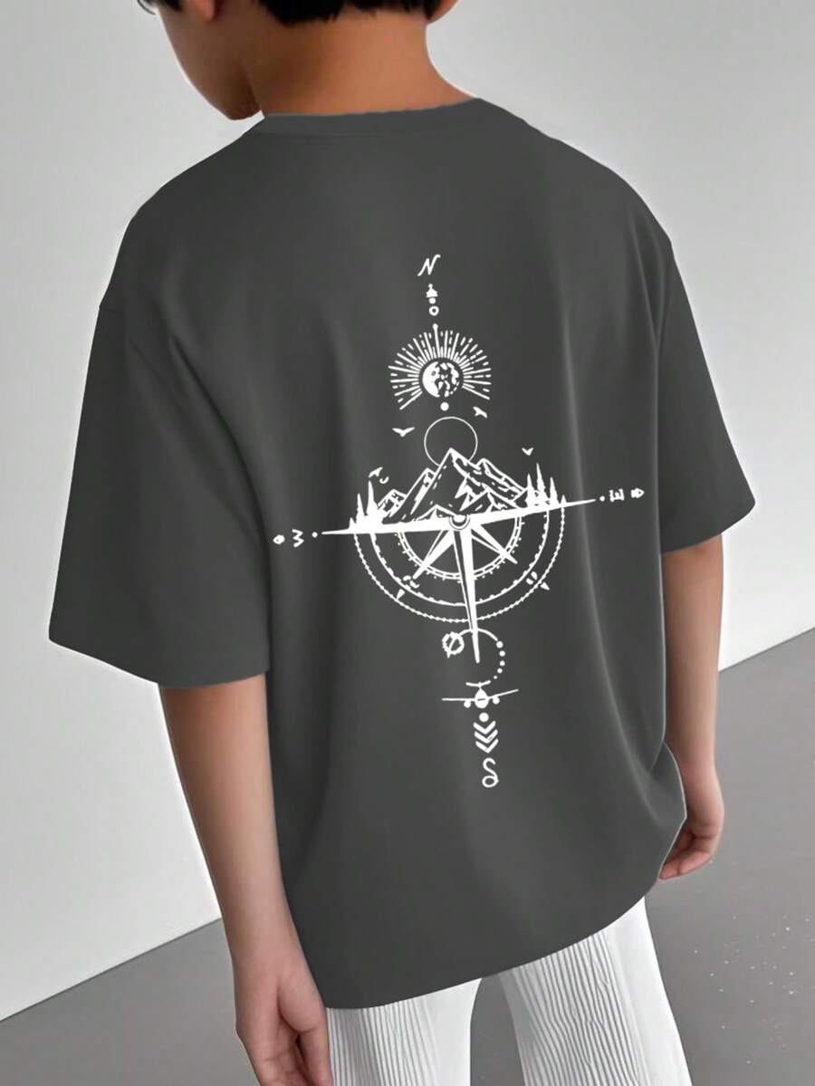 夏季青少年男孩休闲图案印花圆领短袖 T 恤 - 深灰色 - 查看 1